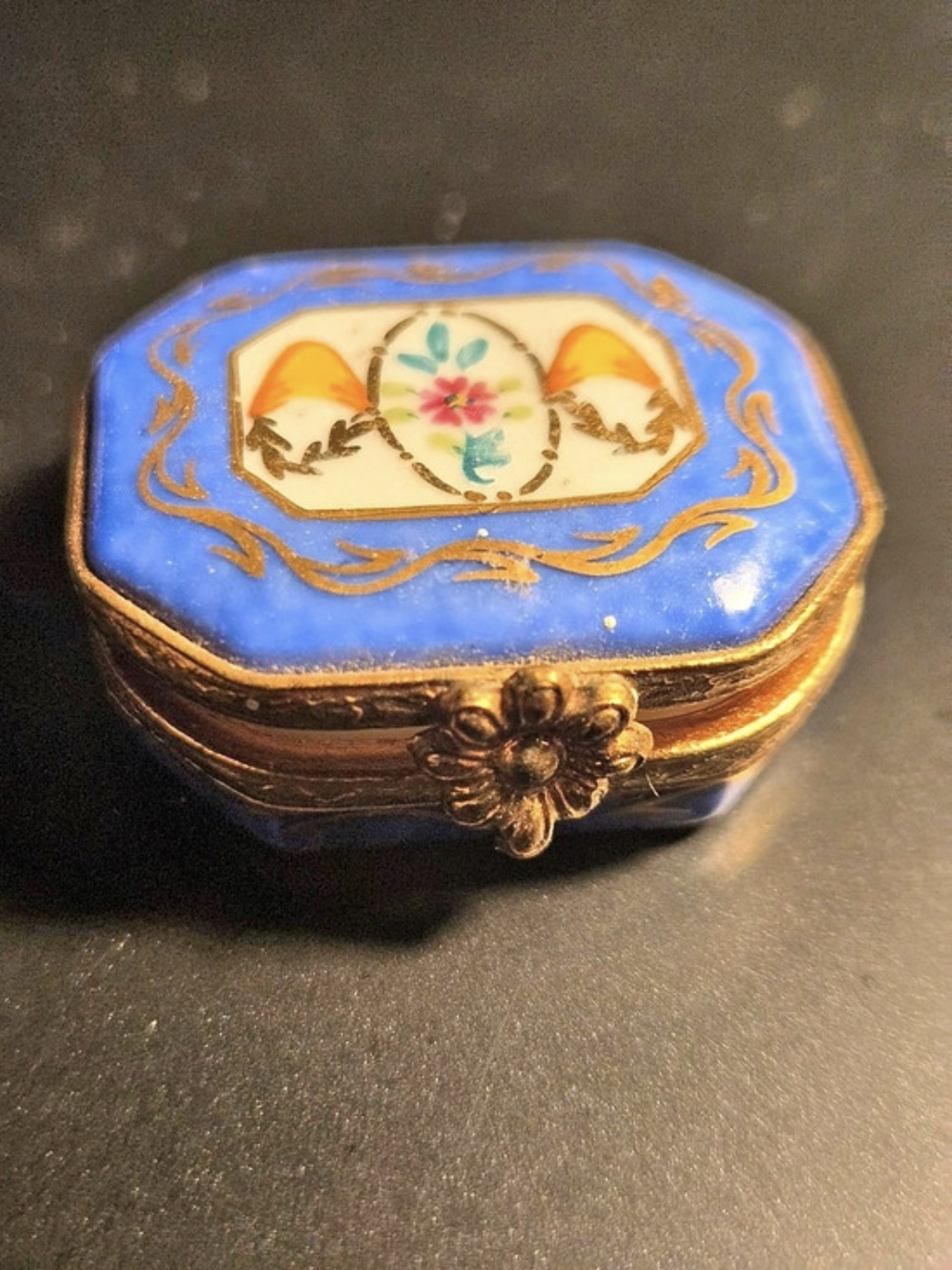 Limoges Eximious Blue & Gold Floral Hinged Trinket Box - Vintage